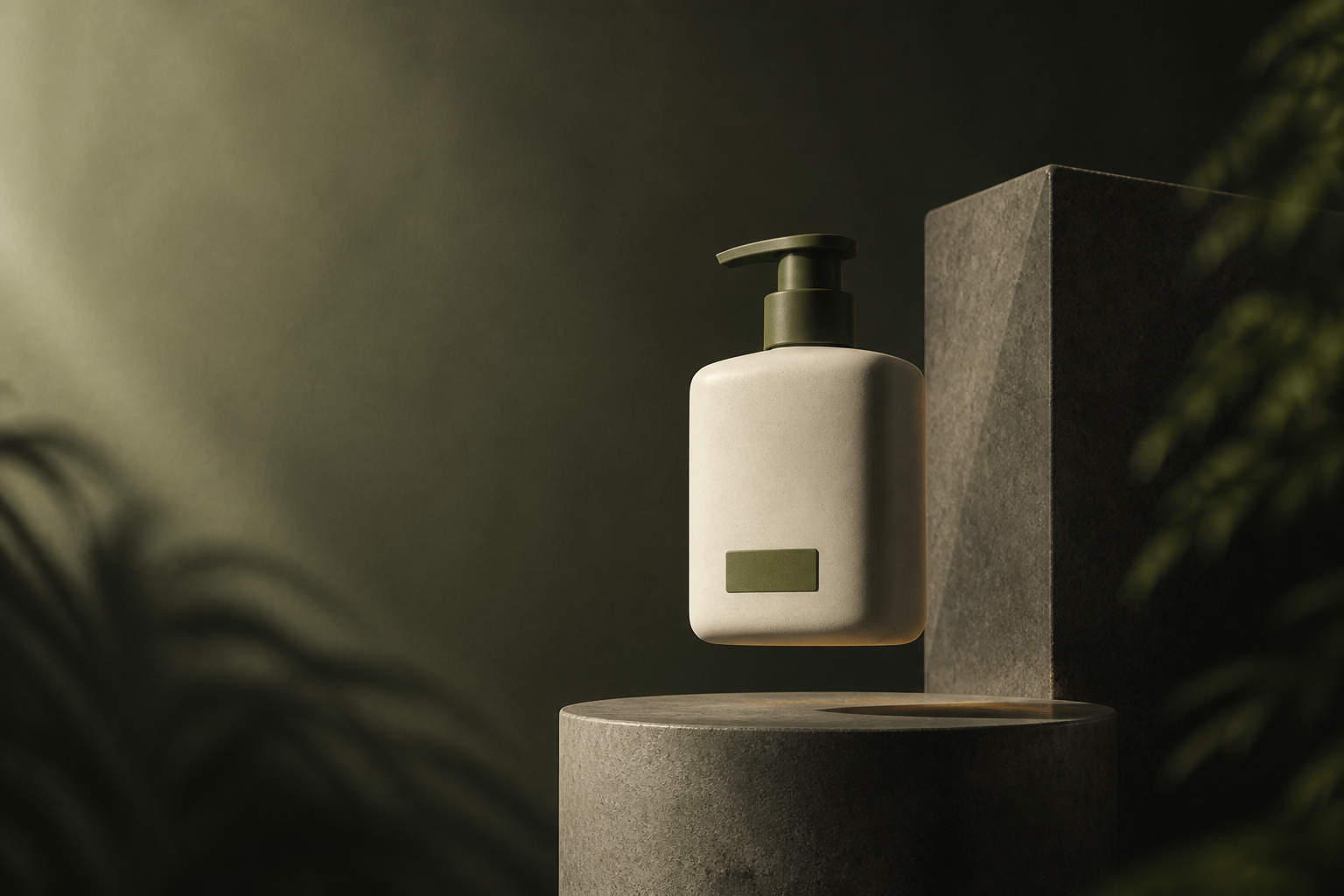 Concept image of a bone-coloured hand-soap vessel suspended above a stone pedestal
